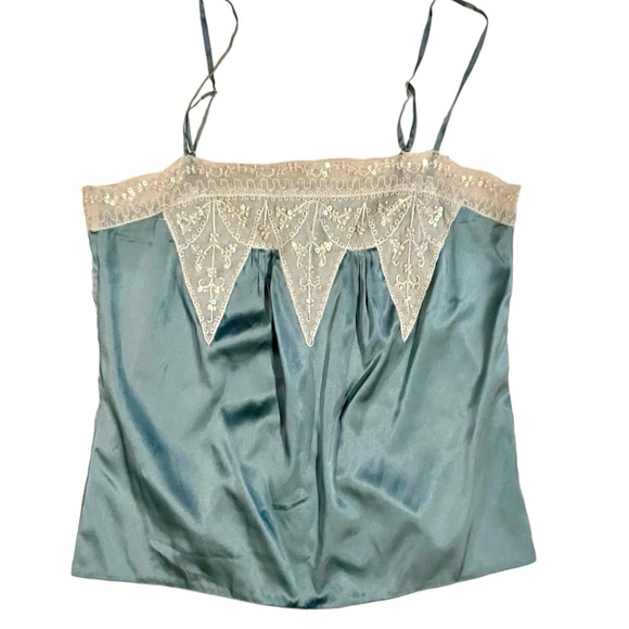 Moda Silk Top. Green With Beige Lace Trim, Spaghetti Straps, Fitted, Side Zip. S - Picture 2 of 6